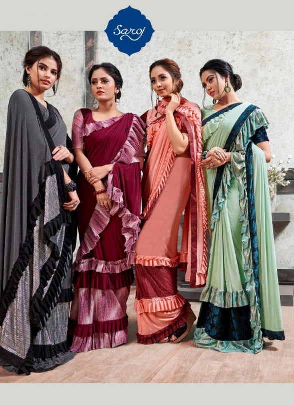 Saroj Mirror Look Imorted Heavy Lycra Frill Saree Catalog Collection