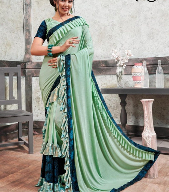 Saroj Mirror Look Imorted Heavy Lycra Frill Saree Catalog Collection