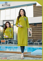 Mittoo Darpan Rayon With Work Designer Kurtis Catalog Collection