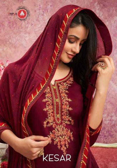Triple Kesar Jam Silk Designer Suits Catalog Collection