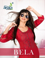 Alishka-Bela Rayon Work Designer Kurtis Catalog Collection