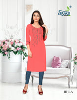 Alishka-Bela Rayon Work Designer Kurtis Catalog Collection