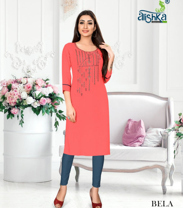 Alishka-Bela Rayon Work Designer Kurtis Catalog Collection
