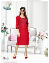 Alishka-Bela Rayon Work Designer Kurtis Catalog Collection