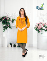 Alishka-Bela Rayon Work Designer Kurtis Catalog Collection