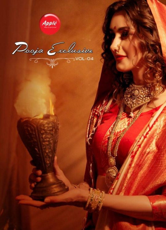 Apple Pooja Exclusive Vol-4 Silk Weaving Red and White Combination Saree Catalog