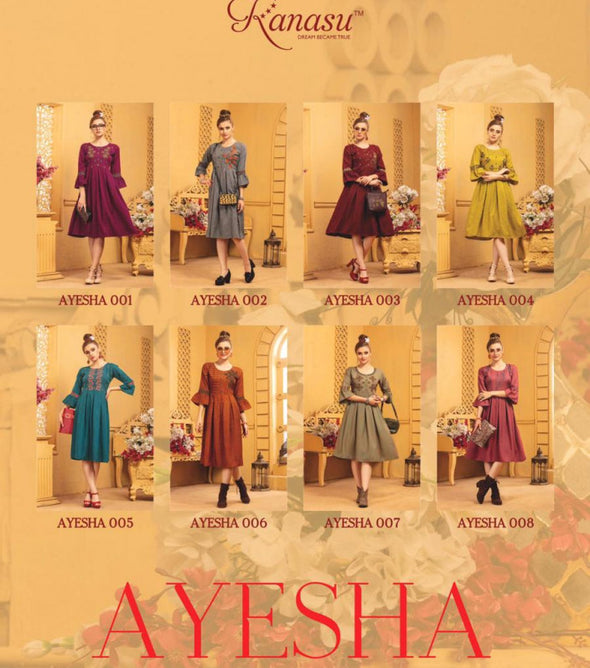 Kanasu Ayesha Heavy Rayon Flair Pattern Short Kurtis Catalog Collection