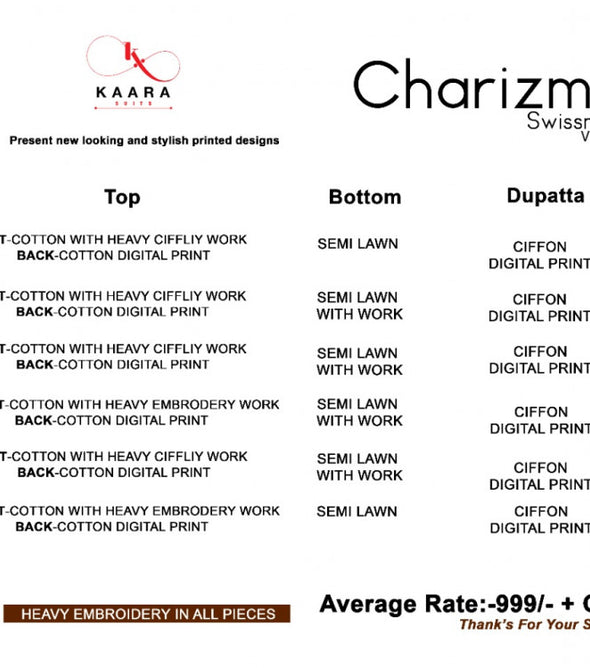 Kaara Charizma Swissmiss 3 Pure Cotton Heavy Embroidered Pakistani Salwar Suits Catalog Collection