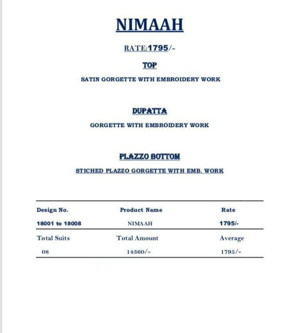 Zubeda Nimaah Satin Georgette Embroidered Salwar Suits Catalog Wholesaler