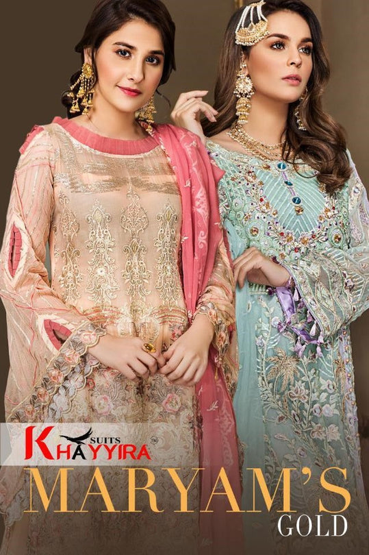 Khayyira Maryams Gold Heavy Georgette Embroidered Pakistani Suits Wholesale Catalog Collection