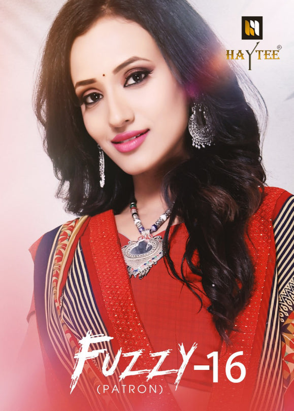 Haytee Fuzzy Patron 16 Dani Border Fancy Printed Saree Catalog Collection