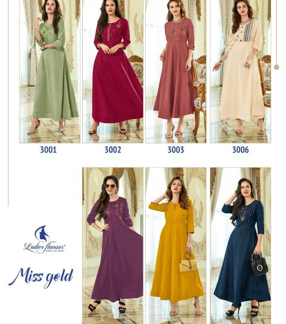 Ladies Flavour Miss Gold Designer Maya Slub Long Kurti Catalog Collection