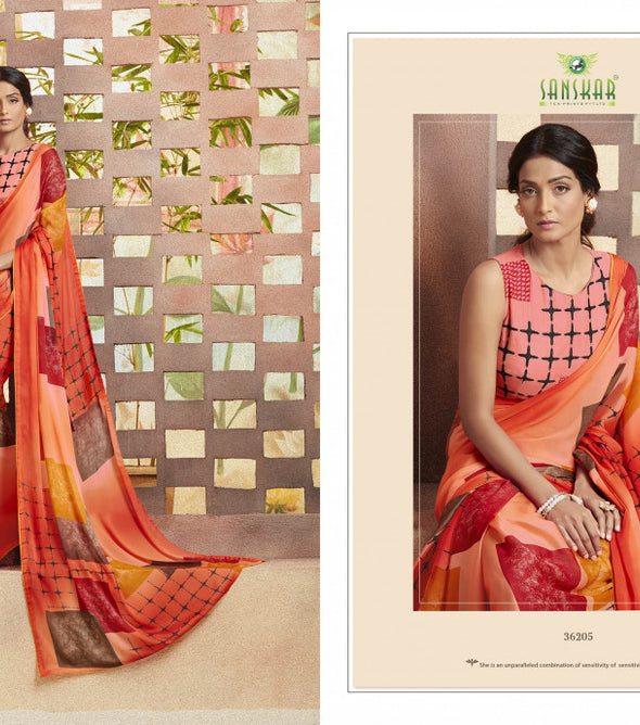 Sanskar Instagram Printed Georgette Running Wear Saree Catalog Collection