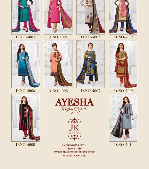 JK Ayesha Vol-4 Printed Cotton With Chiffon Dupatta Dress Material Catalog