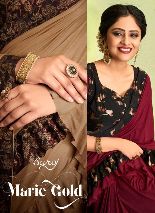 Saroj Marie Gold Lycra Frill Saree Catalog Collection