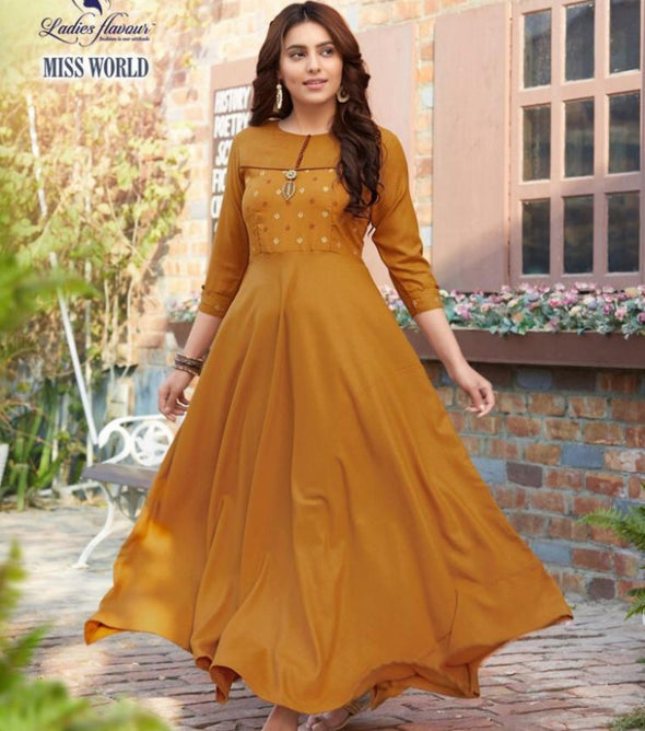 Ladies Flavour Miss World Vol-5 Slub With Foil Print Gown Type Kurti Catalog