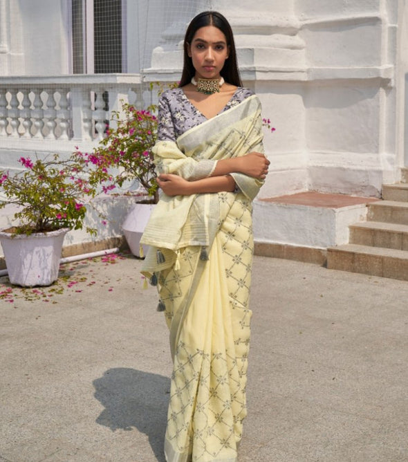 Shangrila Shantam Pure Weaving Linen Saree With Kalamkari Tread Work Saree Catalog