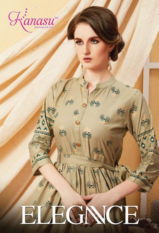 Kanasu Elegance Rayon Gold Print Anarakli Type Kurtis Catalog