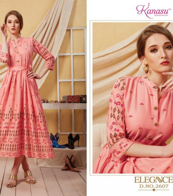 Kanasu Elegance Rayon Gold Print Anarakli Type Kurtis Catalog