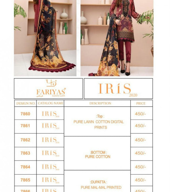 Fariyas Luxury Lawn Iris 2020 Pure Lawn Cotton Digital Prints Suits Catalog