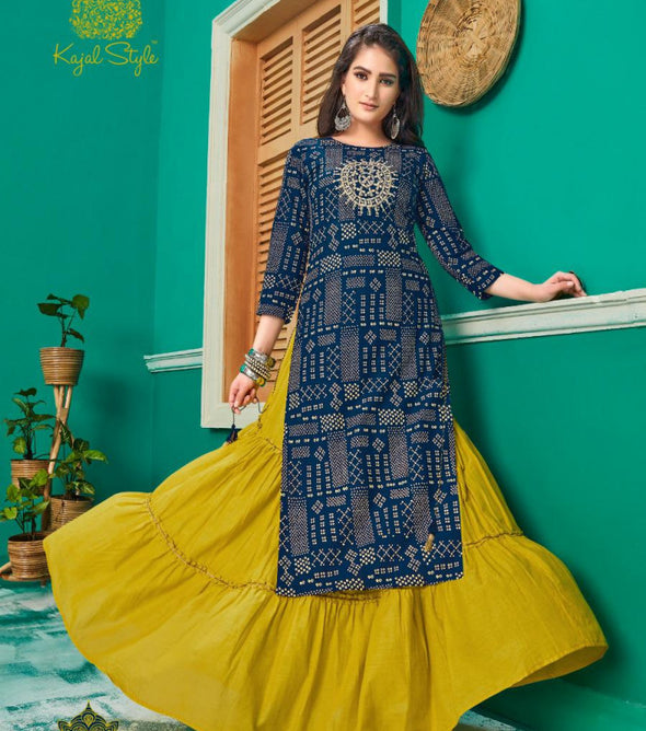 Kajal Style Fashion Galaxy Vol-1 Rayon Print Kurti With Sharara Skirt Catalog