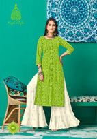 Kajal Style Fashion Galaxy Vol-1 Rayon Print Kurti With Sharara Skirt Catalog