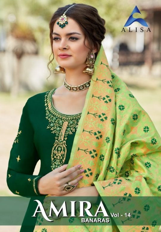 Alisa Amira Vol-14 Banaras Satin Georgette Party Wear Suits Catalog