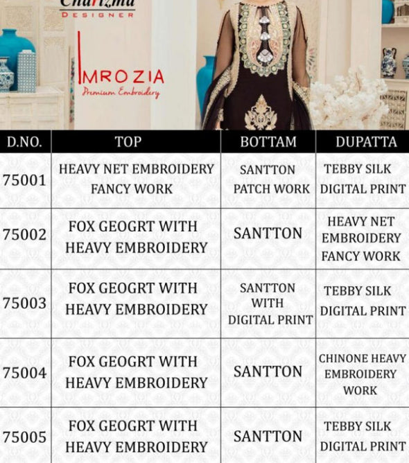 Charizma Designer Imorzia Premium Embroidery Pakistani Style Suits Catalog